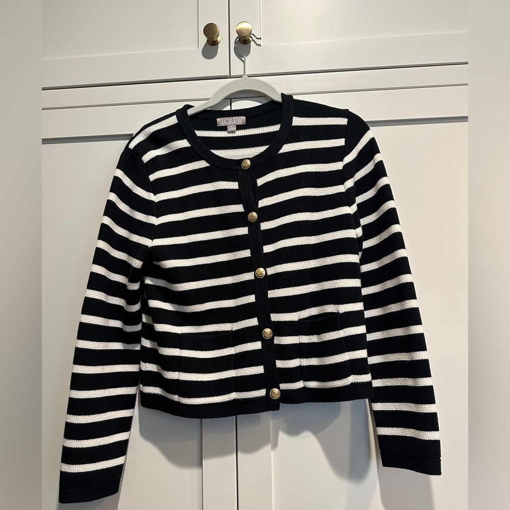 J. Crew Black & White Striped Cotton Cardigan, Size Small